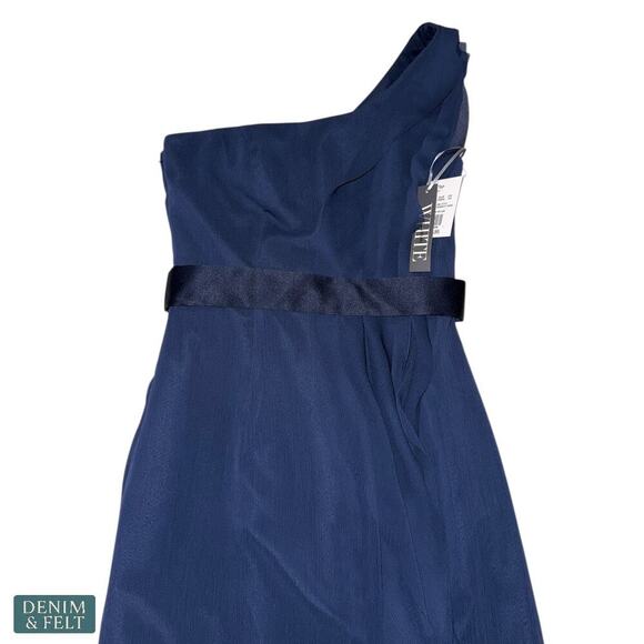 Vera Wang White Navy One Shoulder Ruffle Slit Formal Evening Gown Wedding Dress - Picture 10 of 13